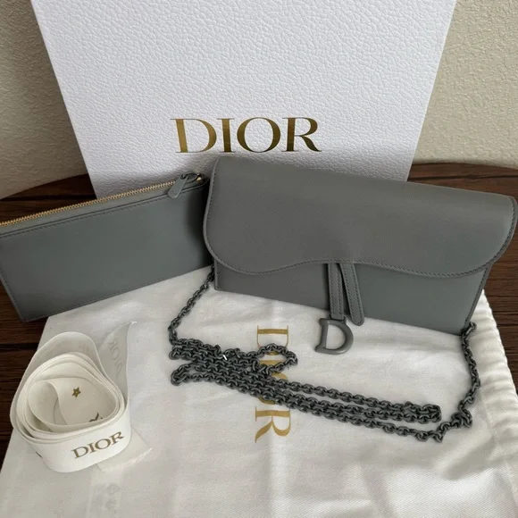 DIOR Ultra Matte Calfskin Leather Saddle Wallet on Chain in Grey - Picture 2 of 10